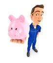 3d mechanic standing and holding piggy bank