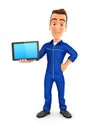 3d mechanic standing with a tablet