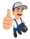3D Mechanic with a wheel and thumb up Royalty Free Stock Photo