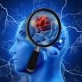 3D medical background with magnifying glass examining brain