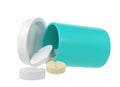3d pill bottle medical icon with pills pharmacy. Turquoise plastic supplement jar. Protein vitamin capsule packaging Royalty Free Stock Photo