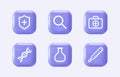 3d medical equipment icons on realistic violet buttons. Healthcare elements for mobile concepts and web apps. Modern Royalty Free Stock Photo