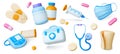 3d medical icons. Isolated hospital ambulance tools, pills and drugs. Plasticine medicine and pharmacy elements, pithy