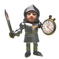 3d medieval knight in shining armour cartoon character holding a sword and stopwatch Royalty Free Stock Photo