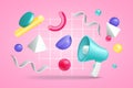 3d megaphone, announcement background, ad render icons. Sound speakerphone, public speaker card, shout on business