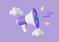 3d megaphone or loudspeaker with lightning and clouds around in cartoon style. concept of social media promotion or breaking news Royalty Free Stock Photo