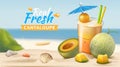 3D melon. Tropical cocktail ad banner. Summer beach. Island seashore. Cantaloupe juicy cut pieces. Ice smoothie glass