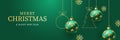 3d Merry Christmas background, banner template with hanging ornaments decorated with golden stars, green theme. 3d