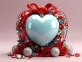 3D Metallic Sphere Love red heart with ruban gift surrounded by strass and roses. Happy Valentine day illustration. Royalty Free Stock Photo