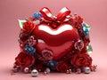 3D Metallic Sphere Love red heart with ruban gift surrounded by strass and roses. Happy Valentine day illustration. Royalty Free Stock Photo