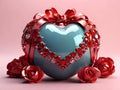 3D Metallic Sphere Love red heart with ruban gift surrounded by strass and roses. Happy Valentine day illustration. Royalty Free Stock Photo