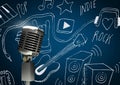 3D Microphone against blue background with music icons drawings indie rock pop