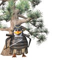 3d mighty penguin samurai warrior cartoon character with sword standing in front of conifer pine tree, 3d illustration Royalty Free Stock Photo