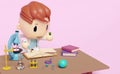 3d miniature cartoon boy character hand hold test tube with science experiment kit, microscope, desk in lab isolated on pink
