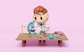 3d miniature cartoon boy character with science experiment kit, microscope, desk in lab isolated on pink background. room