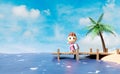 3d miniature cartoon boy character trip island with backpack, wooden bridge leading into the sea on a bright day, palm tree, sea