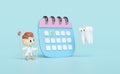 3d miniature cartoon character dentist with dental molar teeth model, checkmark icons, marked date isolated on pink. health of