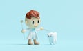 3d miniature cartoon character dentist with dentist mirror, sickle scaler check for cavities, dental examination of the dentist,