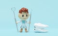 3d miniature cartoon character dentist with dentist mirror, sickle scaler isolated on blue background. check for cavities, dental