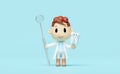 3d miniature cartoon character dentist hands hold dentist mirror, dental molar isolated on blue. check for cavities, dental Royalty Free Stock Photo