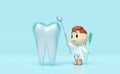 3d miniature cartoon character dentist with dentist mirror, toothbrush, dental molar isolated on blue. check for cavities, dental