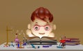 3d miniature cartoon scientist boy open magic book with science experiment kit, desk in lab isolated on pink background. room