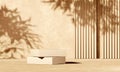 3D beige concrete podium display with lights and plants shadows