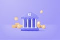 3d minimal bank deposit and withdrawal, transactions service of money, banking financial concept. bank building with coin icon