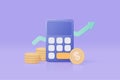 3d minimal calculator vector render concept of financial management. calculating financial risk planning, calculator with coins
