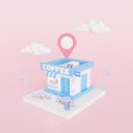 3D minimal coffee shop with map pin. illustration