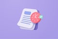 3D minimal document with clock alert on purple background..White clipboard task management todo check list for business planning.