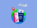 3d minimal Holiday travel trip. summer vacation trip. Recreational time. Take a flight. Globe with a location icon, plane ticket, Royalty Free Stock Photo