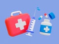 3d minimal medical composition. healthcare concept. first aid box with a syringe, medicine bottle, and capsules.