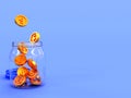 3d minimal money-saving concept. Depositing money. money management concept. Coins falling into a glass jar.