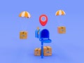3d minimal products delivery. Parcels transportation. Goods distribution. Post box with a location icon and with cargo dropping.