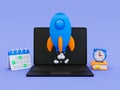 3d minimal Rocket launch. business start-up concept. mission started. laptop with a rocket launching, calendar, books, and alarm