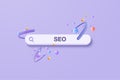 3D minimal search bar or magnifying glass in blank search bar on purple background. Search bar design element on web browser. 3d
