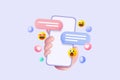 3D minimal social media with emoji, hashtag, speech on mobile hand holding, interface optimization for banner and website for