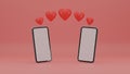 3d minimal Valentine, two mock up smartphones with romantic hearts on pink background