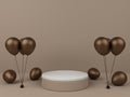 3D minimalist brown podium with brown metallic balloons for product display.