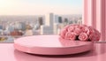 3d, Minimalist pink round podium for cosmetic presentation, with garden roses