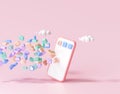 3D Mobile Application development concept. Floating applications to the phone, app coding, user interface design. 3D render Royalty Free Stock Photo