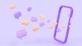3D Mobile chat dialog. Smartphone with speech bubbles icons or sms messages on purple background, angle view