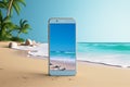 3D mobile mockup on sandy beach, perfect for product showcases, summer vibes