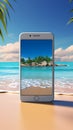 3D mobile mockup on sandy beach, perfect for product showcases, summer vibes