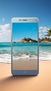 3D mobile mockup on sandy beach, perfect for product showcases, summer vibes