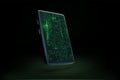 3D mobile phone with binary data stream in matrix style on screen. Abstract sci fi futuristic phone wallpaper mock up Royalty Free Stock Photo