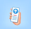 3d mobile phone in hand with upload data to cloud