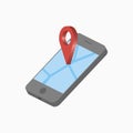 3D mobile phone and location pointer. Isometric smartphone with map and pin. GPS navigation concept. Vector.