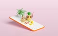 3d mobile phone, orange smartphone with pineapple, helm, palm tree, suitcase, duck, sandals, sunglasses, headphones isolated on Royalty Free Stock Photo